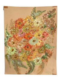 Vintage French Acrylic Painting Of Flowers On Paper Naive Style Wall Decor By Josiane Pasquier c1970’s / EVE