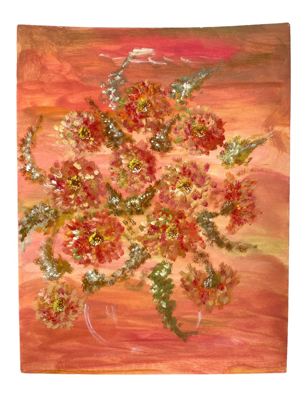 Vintage French Acrylic Painting Of Flowers On Paper Naive Style Wall Decor By Josiane Pasquier c1960-70’s / EVE