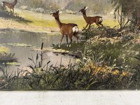 Alternative view of Vintage French River Side Watering Hole Drinking Deer Early Morning Acrylic Painting Framed Wall Decor DAMAGED circa 1960-70's / EVE