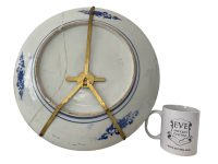 Alternative view of Antique Repaired Plate Chinese Qilin Phoenix XL Birds Bowl Dish Platter Blue White Ceramic Serving Decor Display c1800's / EVE