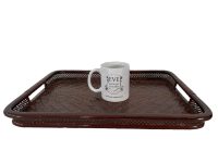 Alternative view of Vintage Asian Vietnamese Wood Woven Rattan Serving Lap Dinner Tray Trivet Handled Tabletop c1980-90's / EVE