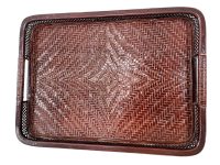 Vintage Asian Vietnamese Wood Woven Rattan Serving Lap Dinner Tray Trivet Handled Tabletop c1980-90's / EVE