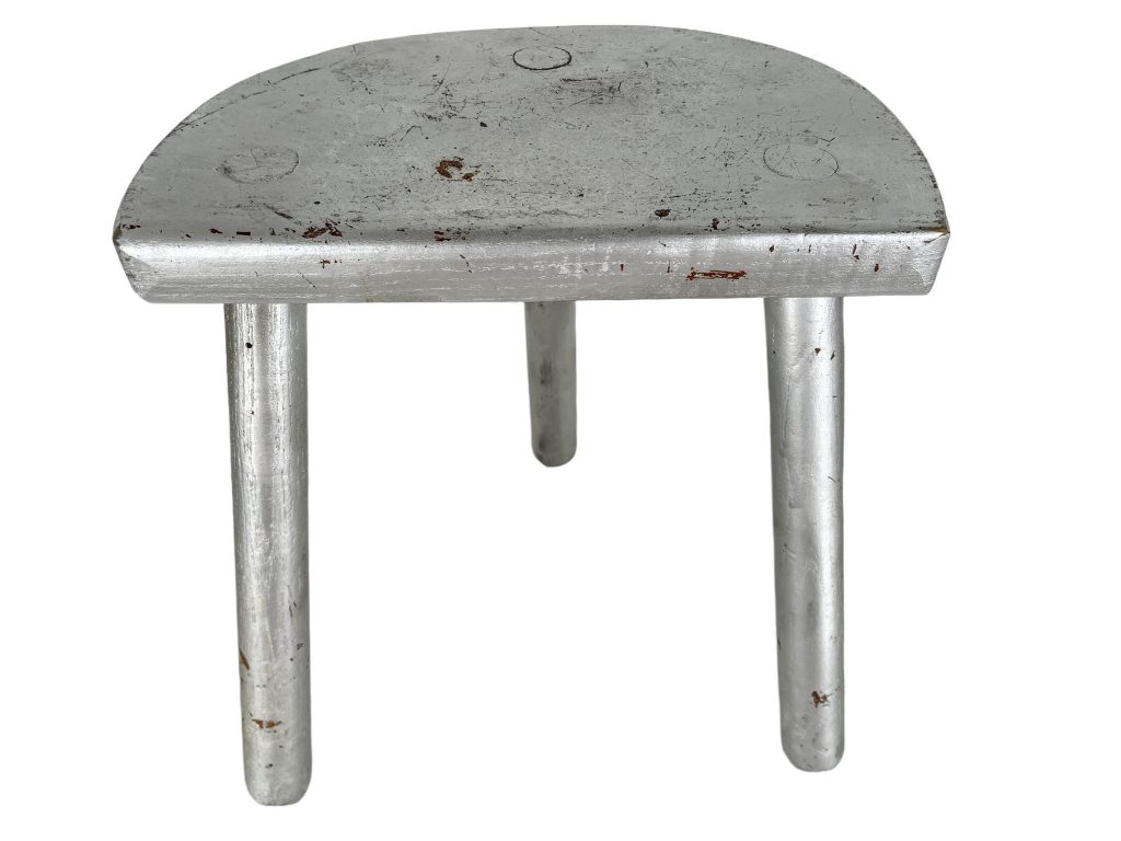 Vintage Silver Stool French Wooden Wood Painted Milking Stool Chair Seat Farm D Shaped Seat Plant Stand Plinth Tabouret c1960-70’s / EVE