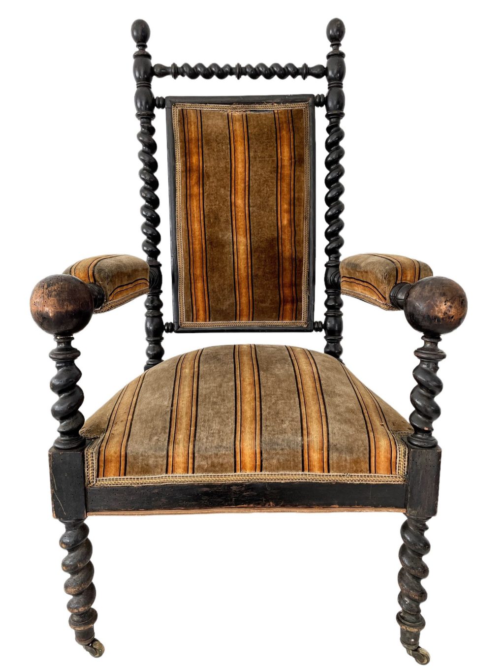 Antique French Chair Barley Twist Worn Upholstery Padded Cushioned Natural Wood Seating Prop Throne c1850’s / EVE