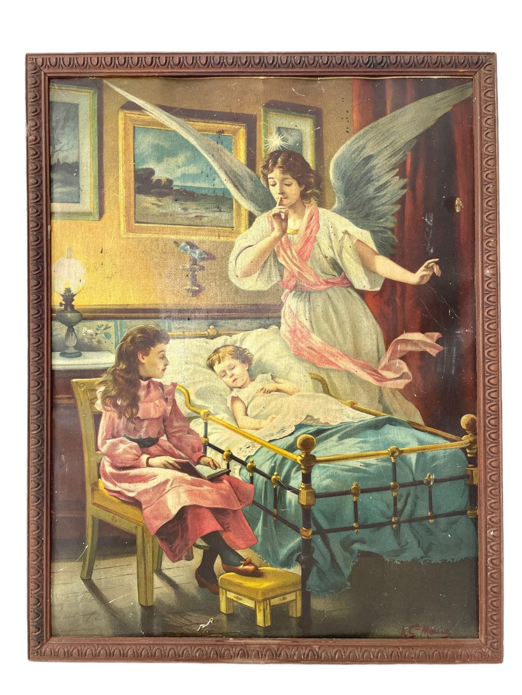 Vintage English Religious Angel Print A C Maria Guardian Children Bedroom circa 1940-50’s / EVE