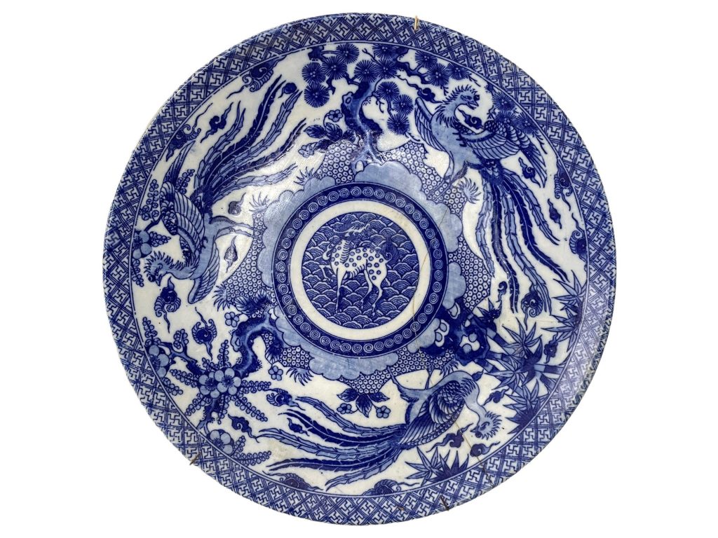 Antique Repaired Plate Chinese Qilin Phoenix XL Birds Bowl Dish Platter Blue White Ceramic Serving Decor Display c1800’s / EVE