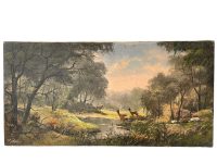 Vintage French River Side Watering Hole Drinking Deer Early Morning Acrylic Painting Framed Wall Decor DAMAGED circa 1960-70's / EVE