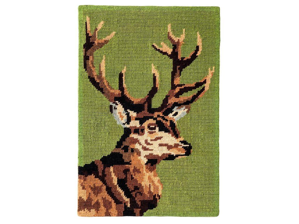 Vintage French Cross Stitch Tapestry Wall Hanging Picture Deer Stag Antlers c1960-70’s / EVE