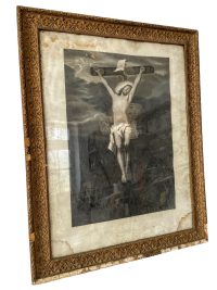 Antique German Framed Crucified Jesus Religious Church Catholic Nunnery Monastery Print Frame Wall Decor c1860-1900's / EVE