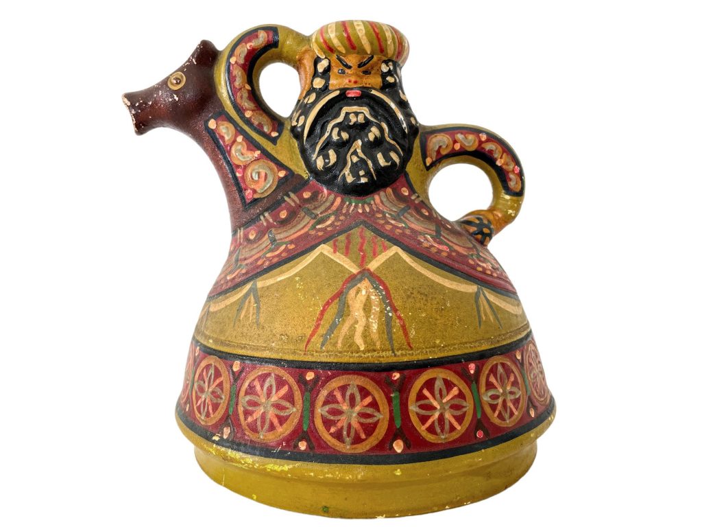 Vintage Polish Clay Jug Teapot bearded Man On Horse Vase Brown Yellow Water Jug Pitcher Serving Ornament c1960-70’s / EVE