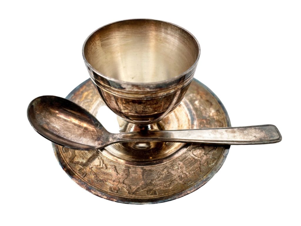 Vintage French Small Metal Egg Cup Saucer Spoon Tarnish Patina circa 1930-40’s / EVE