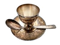 Vintage French Small Metal Egg Cup Saucer Spoon Tarnish Patina circa 1930-40's / EVE