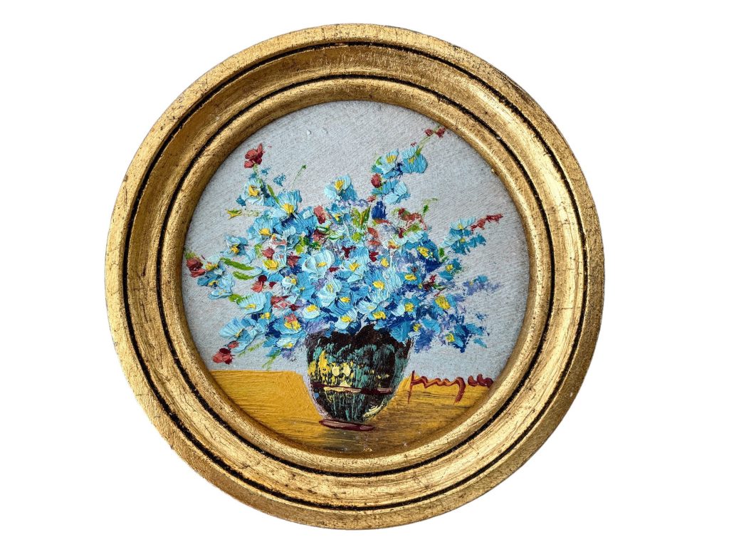 Vintage French Miniature Acrylic Painting Of Flowers Wall Decor Golden Frame Framed c1950-60’s / EVE