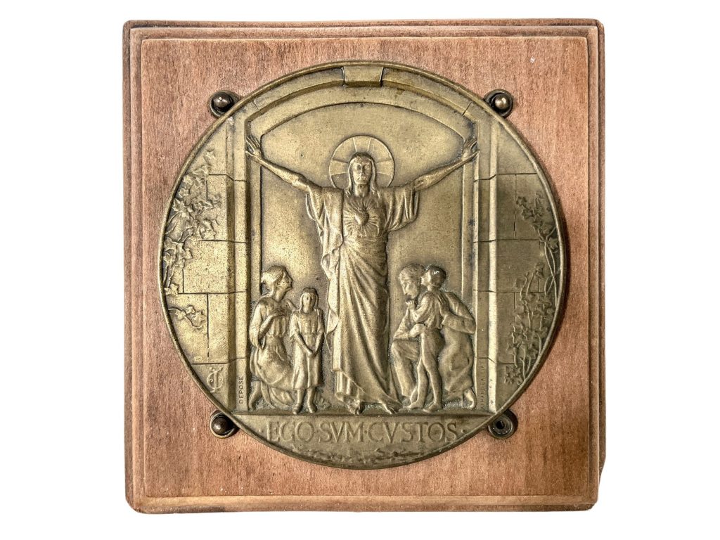 Vintage French Religious Saint Plaque Wood Christ Sacred Heart Patina Catholic Church Chapel Cross Religious Symbol Jesus c1930-50’s / EVE