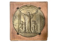 Vintage French Religious Saint Plaque Wood Christ Sacred Heart Patina Catholic Church Chapel Cross Religious Symbol Jesus c1930-50's / EVE