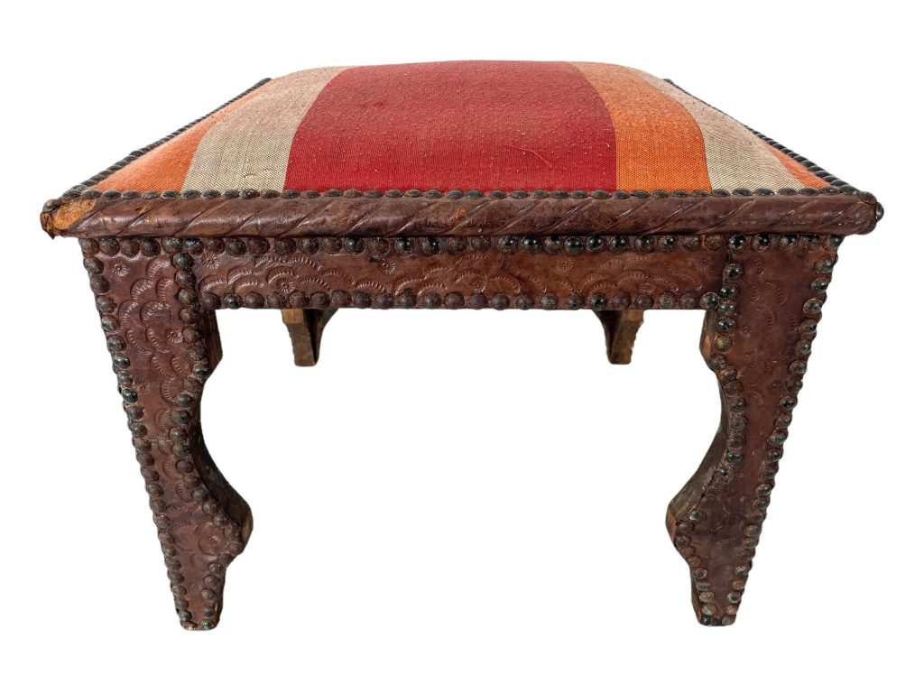 Padded Stool Vintage Moroccan Arabian Style Wooden Wood Small Chair Seat Square Rest Studs c1960-70's / EVE