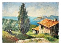 Vintage French Seaside Coastal Harbour Sea Boat House Seaside Oil Painting On Canvas Wall Decor circa 1950-60's / EVE