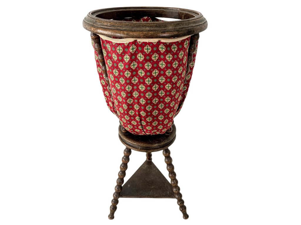 Knitting Basket Vintage French Bobbin Leg wooden sewing crocheting stand up basket stand holder bag circa 1940-50's / EVE