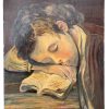 Vintage French Jean Baptiste Greuze Inspired A Schoolboy Sleeping Oil Painting On Canvas R. Turdin Wall Decor circa 1960-70's / EVE