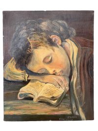 Vintage French Jean Baptiste Greuze Inspired A Schoolboy Sleeping Oil Painting On Canvas R. Turdin Wall Decor circa 1960-70’s / EVE