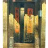 Vintage Chinese Entry Doorway Ancient Civilization Oil Painting On Canvas Wall Decor circa 1980's / EVE