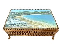 Vintage Spanish Beach Gilded Brass Metal Jewellery Jewelry Trinket Box Ring Felt Lined Dressing Table Wedding Romantic Gift c1860-70's / EVE