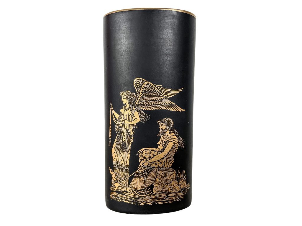 Vintage Greek Ceramic 24k Gold Decorated Black Vase Ornament Handmade Decor Design c1980-90’s / EVE