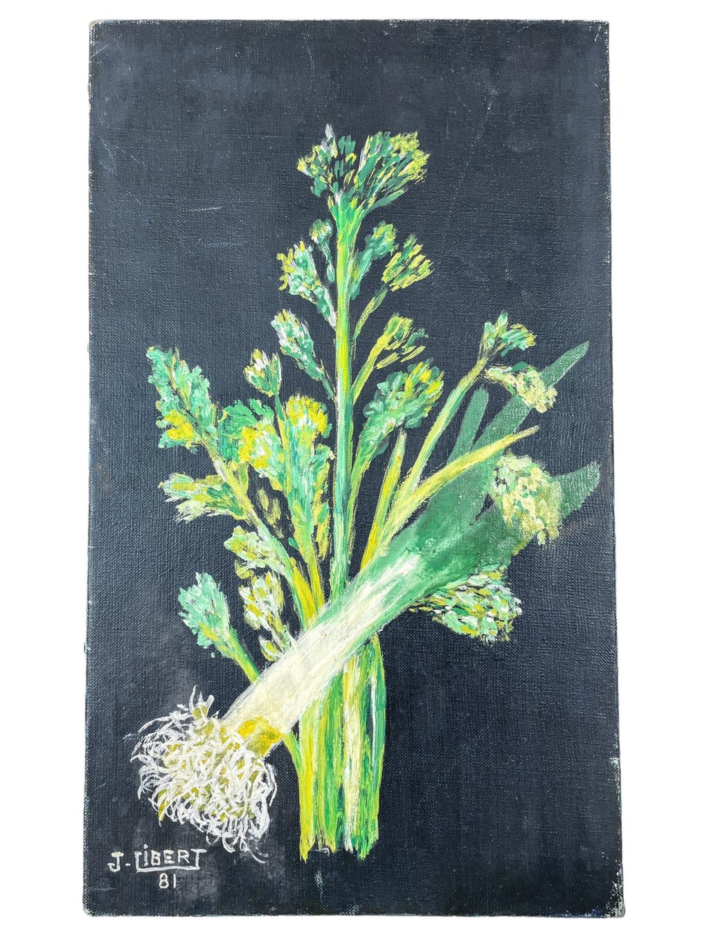 Vintage French Vegetable Painting Leek Celery Unusual Still Life On Canvas Signed Gibert circa 1981 / EVE