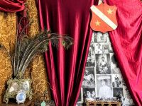 Alternative view of Vintage French Flagpole Shield Basque Family Crest Wooden Brown Wood Wall Mounted Display Trophy Plaque Prop circa 1960-70's