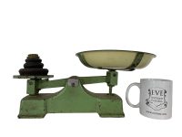 Alternative view of Vintage English Heavy Cast Iron Kitchen Weighing Scale With Weights Green Beige Kitchen Butcher Grocer Circa 1940's