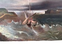 Alternative view of Antique French Seaside Coastal Rough Sea Harbour Sea Boat House Church Seaside Oil Painting On Canvas Wall Decor circa 1900's