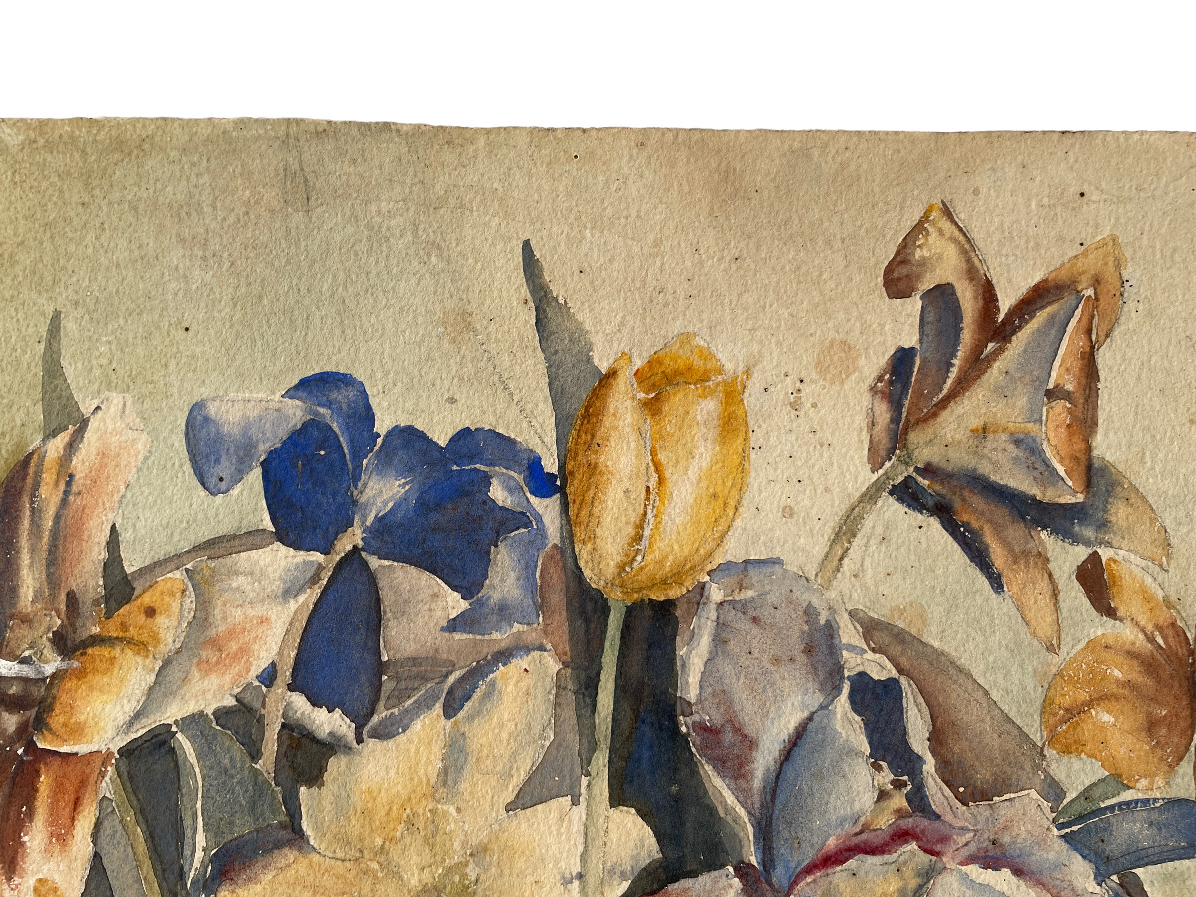 Vintage French Tulips In Vase Still Life Gouache Water Colour Painting On Thick Paper Wall Decor circa 1930’s 3 Vintage French Tulips In Vase Still Life Gouache Water Colour Painting On Thick Paper Wall Decor circa 1930's - Image 3