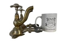 Alternative view of Vintage French Metal Kitchen Sink Bathroom Hot Cold Froid Chaud Faucet Water Tap Plumbing Taps Wall Mounted c1950s