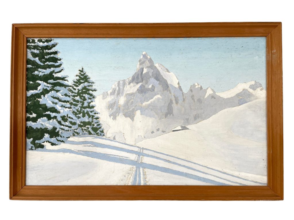 Vintage Snowy Mountain Painting Acrylic Mountains Skyline Alpes Maritimes Scenic On Board Wood Canvas c1970-80’s