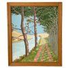 Vintage French River Woodland Path Painting Acrylic Skyline Bushes Trees Field Scenic On Canvas c1970-80's