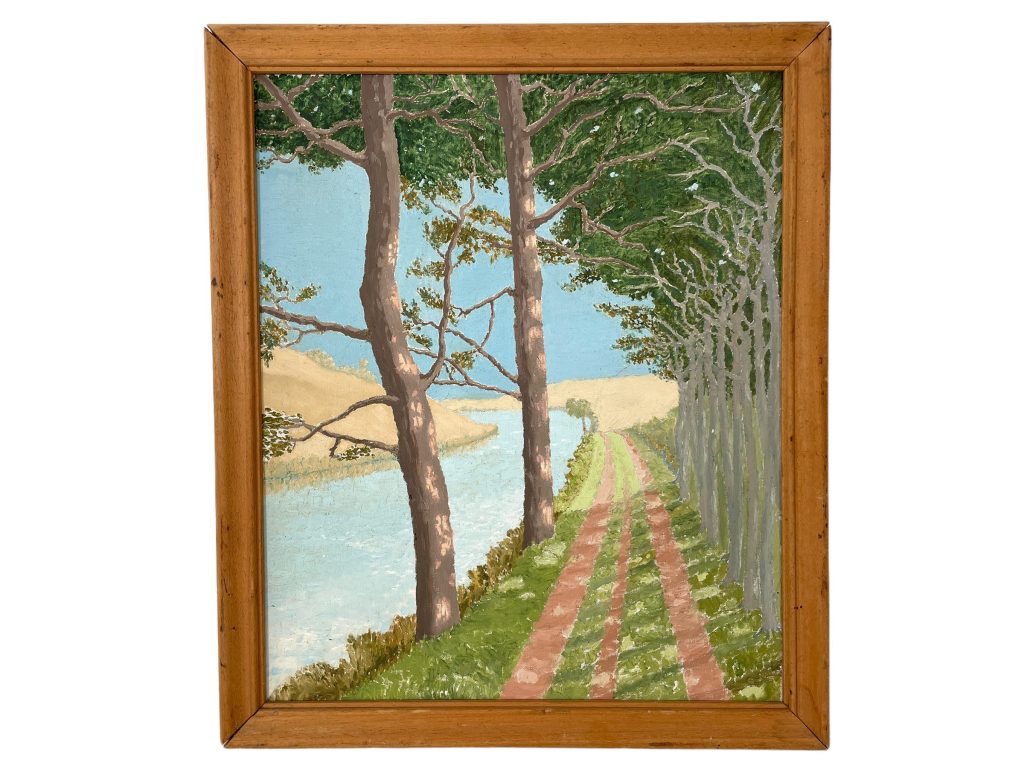Vintage French River Woodland Path Painting Acrylic Skyline Bushes Trees Field Scenic On Canvas c1970-80’s