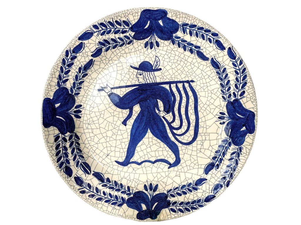 Vintage French Large Flag Carrier Crackle Blue And White Hand Painted Bowl Dish Plate Ceramic Serving Plate Wall Hanging c1950's