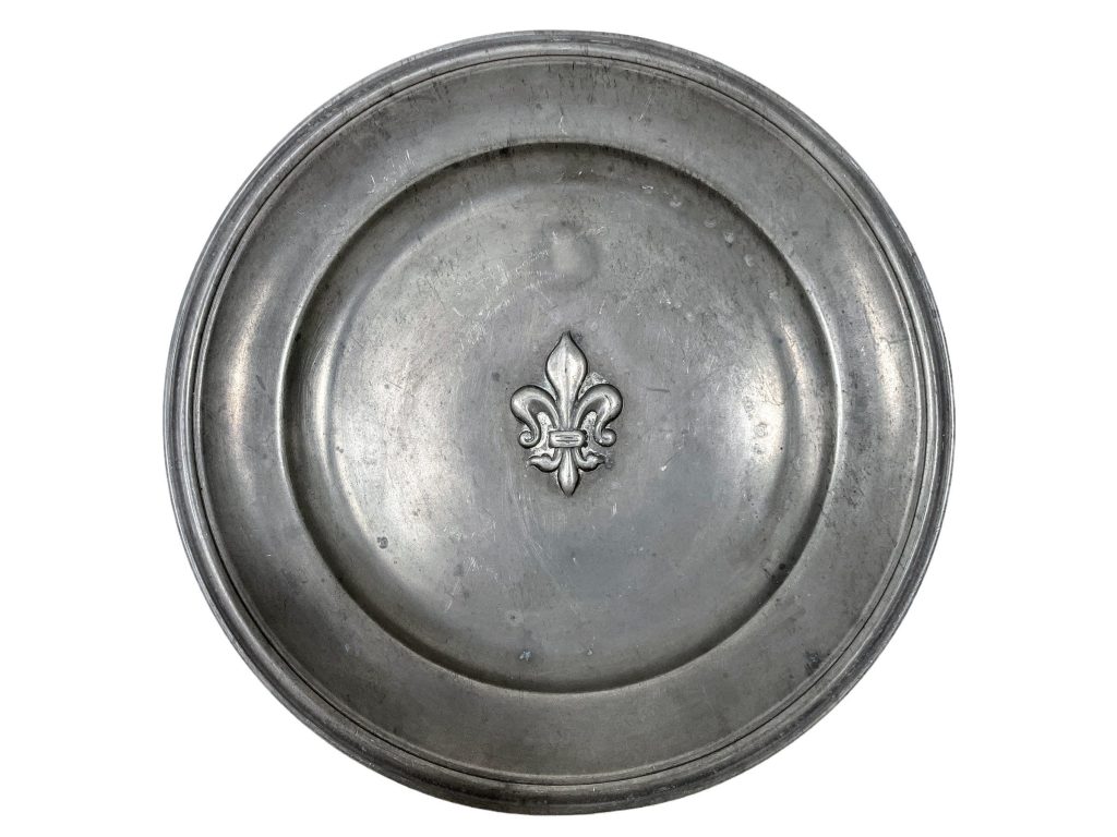 Vintage French Fleur De Lys Pewter Wall Hanging Dinner Plate tray charger platter serving table display patina c1960-70’s
