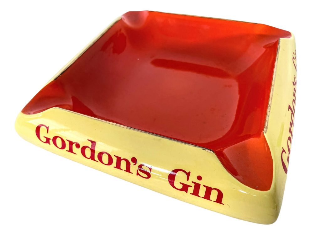 Vintage French Original Ceramic Gordon’s Gin Large Yellow Red Ashtray Dish Pot Smoking Tobacciana Pub c1980-90’s