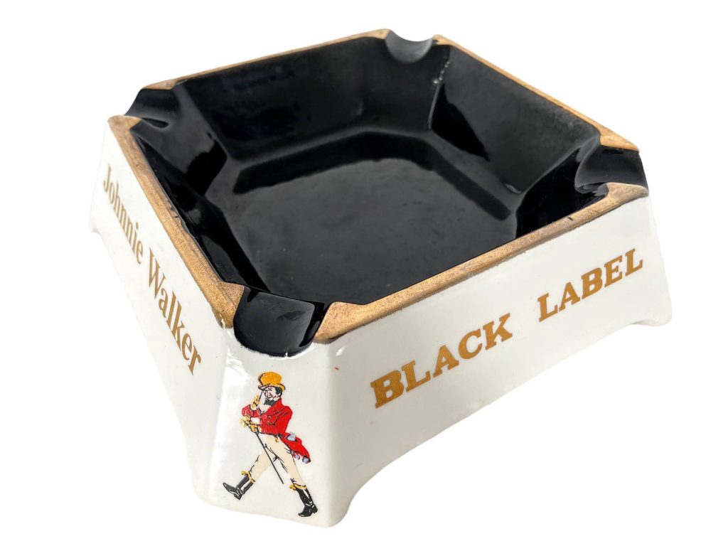 Vintage French Original Ceramic Black Label Johnnnie Walker Large White Black Ashtray Dish Pot Smoking Tobacciana Pub c1980-90’s