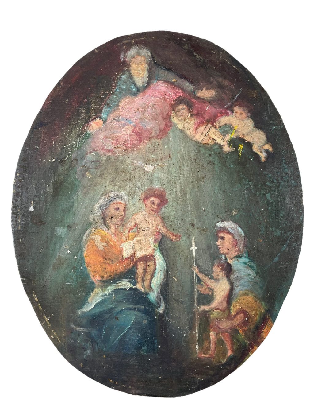 Vintage French Painting Religious Celestial God Angels Mary Jesus Wall Decor Collector Mid Century c1950's