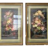 Vintage French Two Small Prints In Golden Black Frames Print Glass Fronted Flowers Still Life Scene circa 1970
