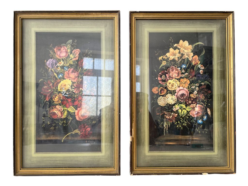 Vintage French Two Small Prints In Golden Black Frames Print Glass Fronted Flowers Still Life Scene circa 1970