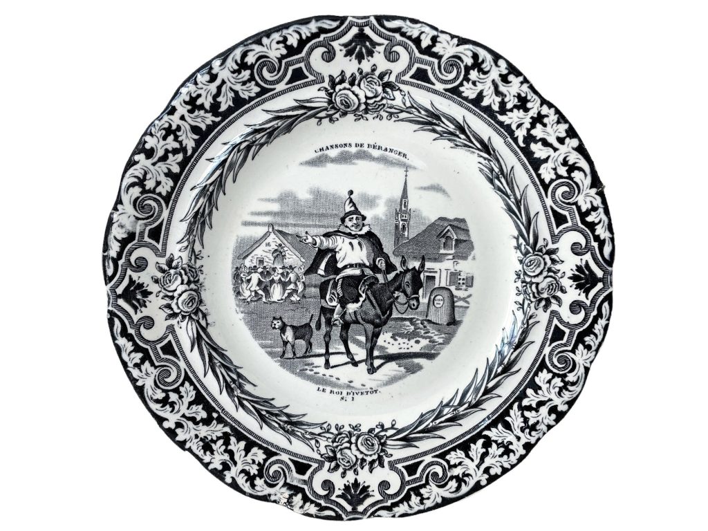 Antique French Black And White Ceramic Conversation Plate Serving Dish Table Wall Decor c1855