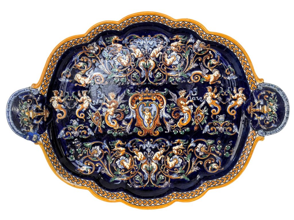 Vintage French Gien Renaissance Style Serving Dish Plate Platter Ornament Decor Design Terracotta Pottery c1950-60’s