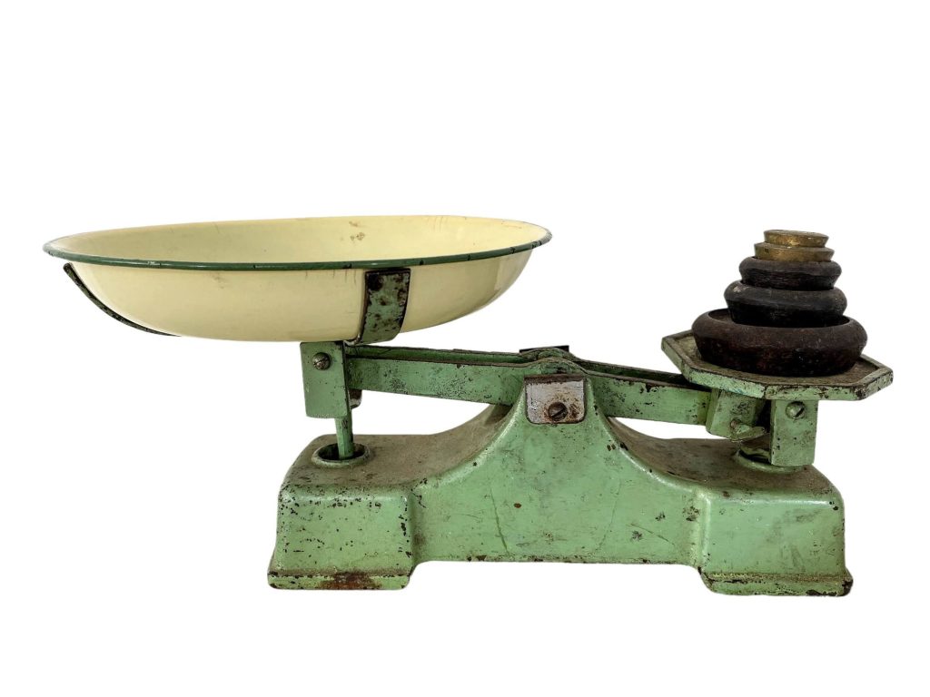 Vintage English Heavy Cast Iron Kitchen Weighing Scale With Weights Green Beige Kitchen Butcher Grocer Circa 1940’s