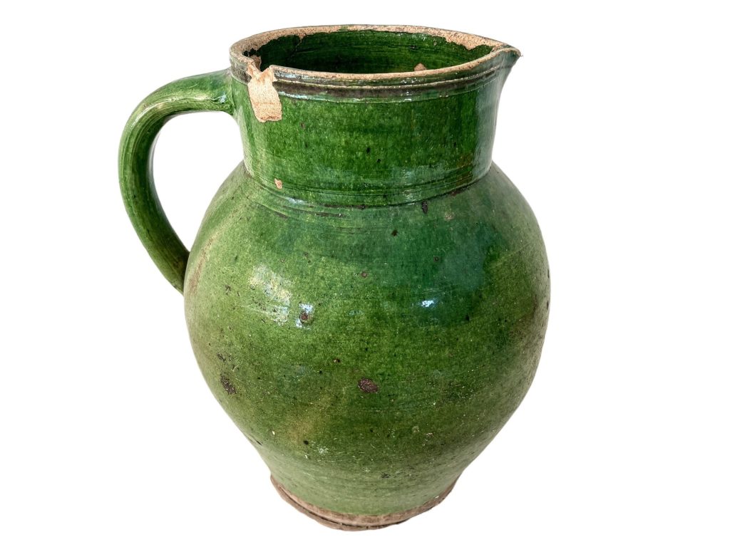 Antique French Large Green Glazed Stoneware Pottery Jug Pitcher Serving Pot Vase Display Wear Patina c1900’s