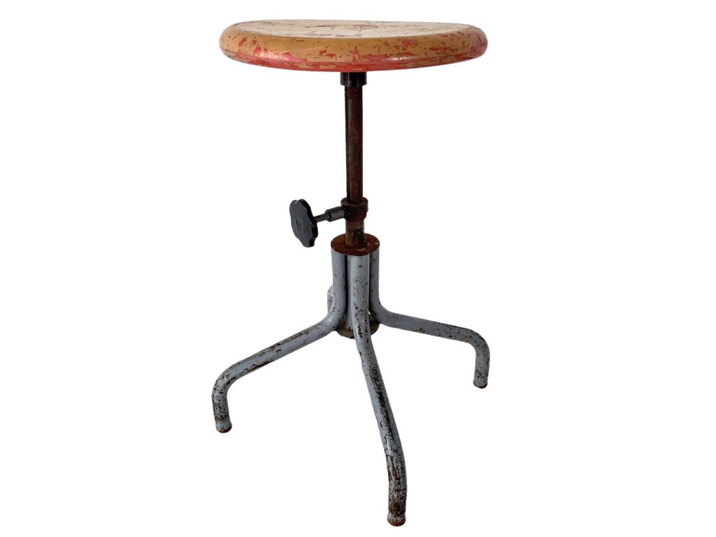Vintage French Grey Metal Yellow Wood Adjustable Stool Work Chair Seat Atelier Industrial Look Design Studio circa 1960-70's