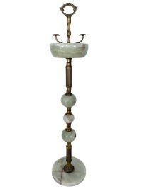 Vintage Ashtray French Large Free Standing Brass Copper Metal Armchair Style Pedestal Fleur De Lys Tobacciana Prop Display c1960-70’s