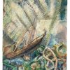 Vintage French Seaside Coastal Sea Boat Seaside Acrylic Painting On Canvas Wall Decor circa 1960-70's